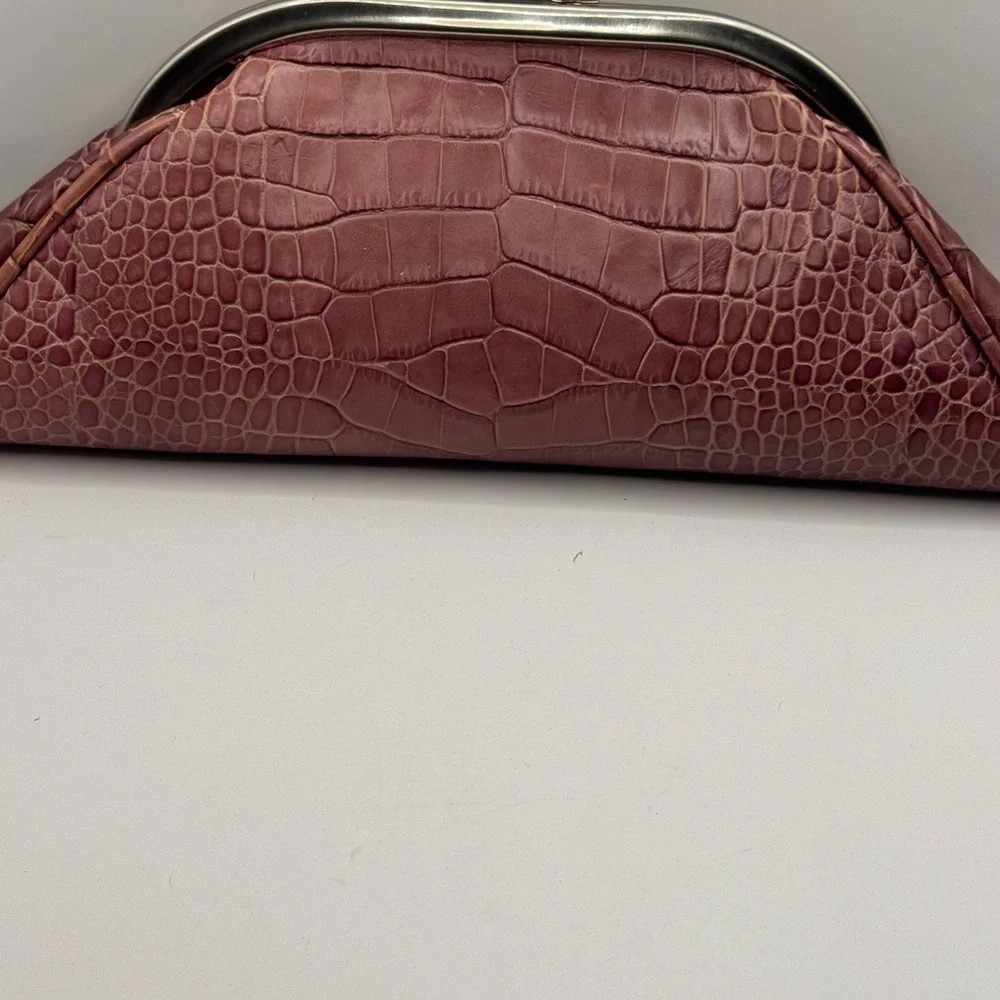 Christopher Kon  Brown Leather crocodile embossed  kiss lock  Clutch